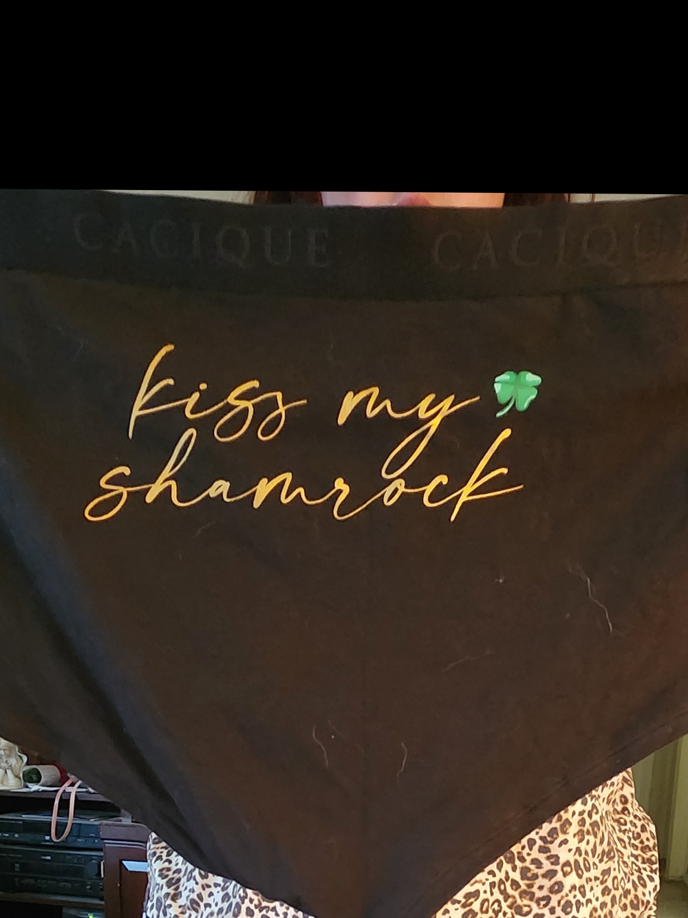 Cacique Black Boy Short Undies with Gold Script and Green Shamrock